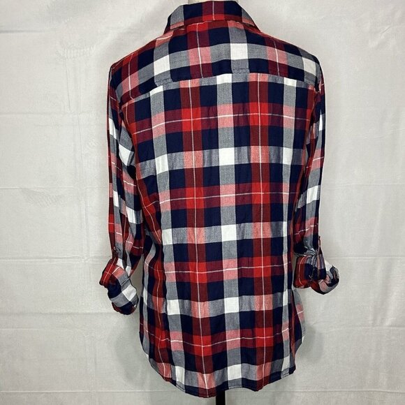 Tommy Hilfiger Red Navy White Checked Roll-Tab Sleeve Button-Down Shirt M - Picture 8 of 9